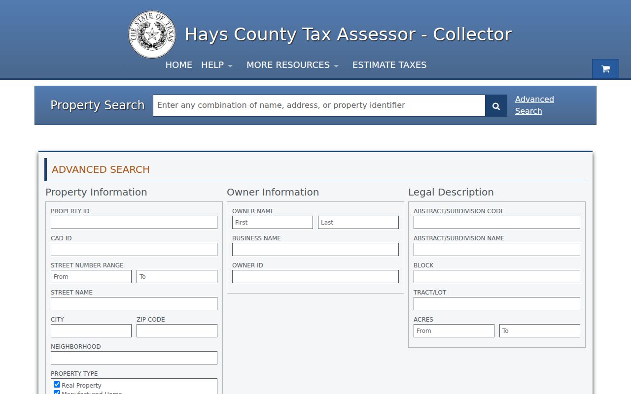San Marcos street directory Hays County tax search controls